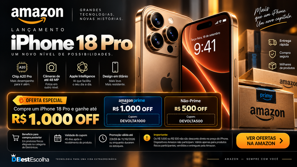 Promoção Amazon do iPhone 18 Pro com até R$ 1.000 em benefício para eletrônicos