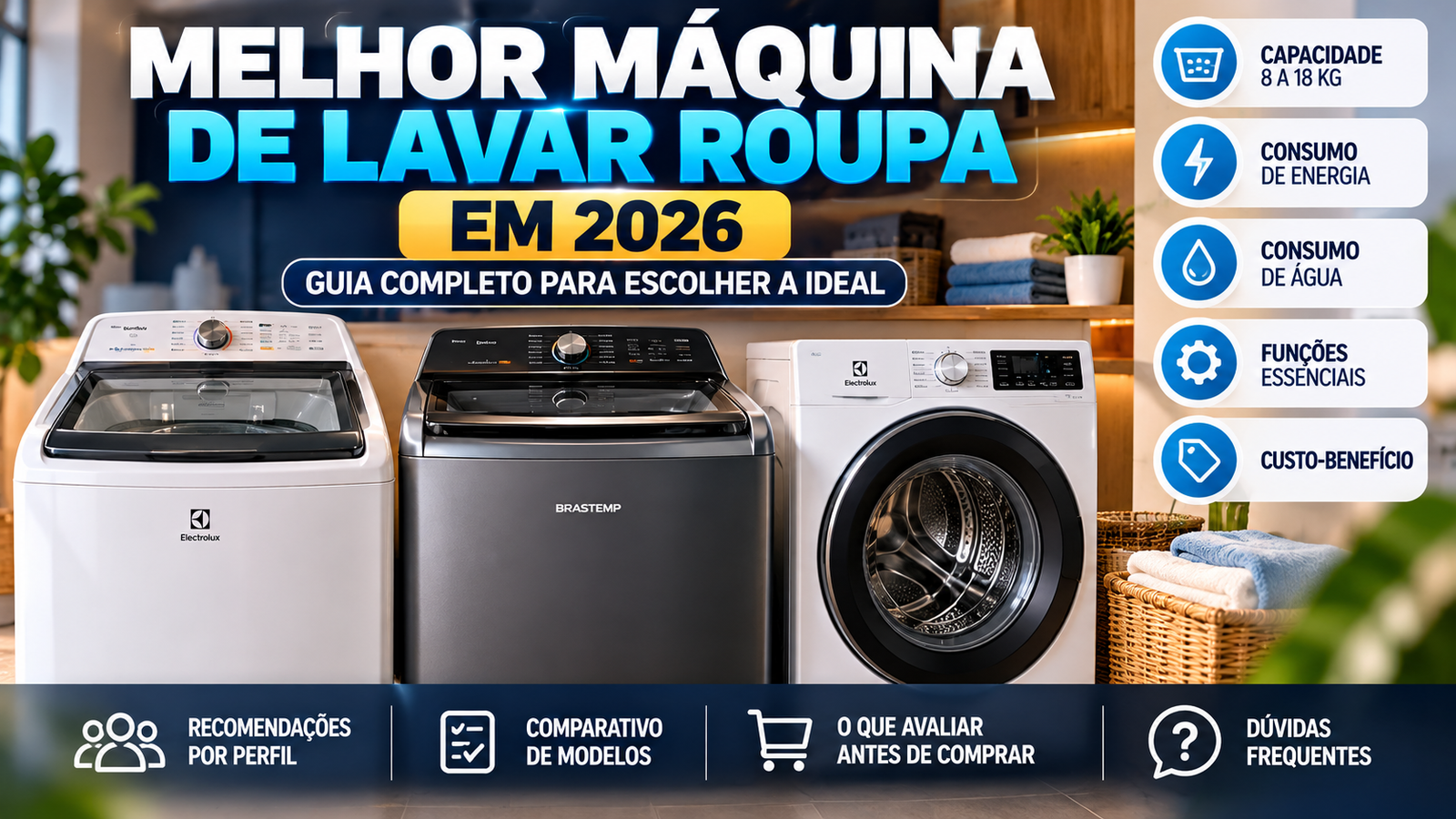 Comparativo de máquinas de lavar roupa Electrolux e Brastemp para guia de compras de 2026.